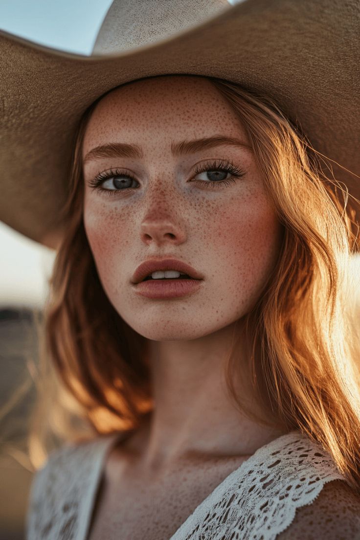 Woman with red hair and freckles wearing a cowboy hat at golden hour