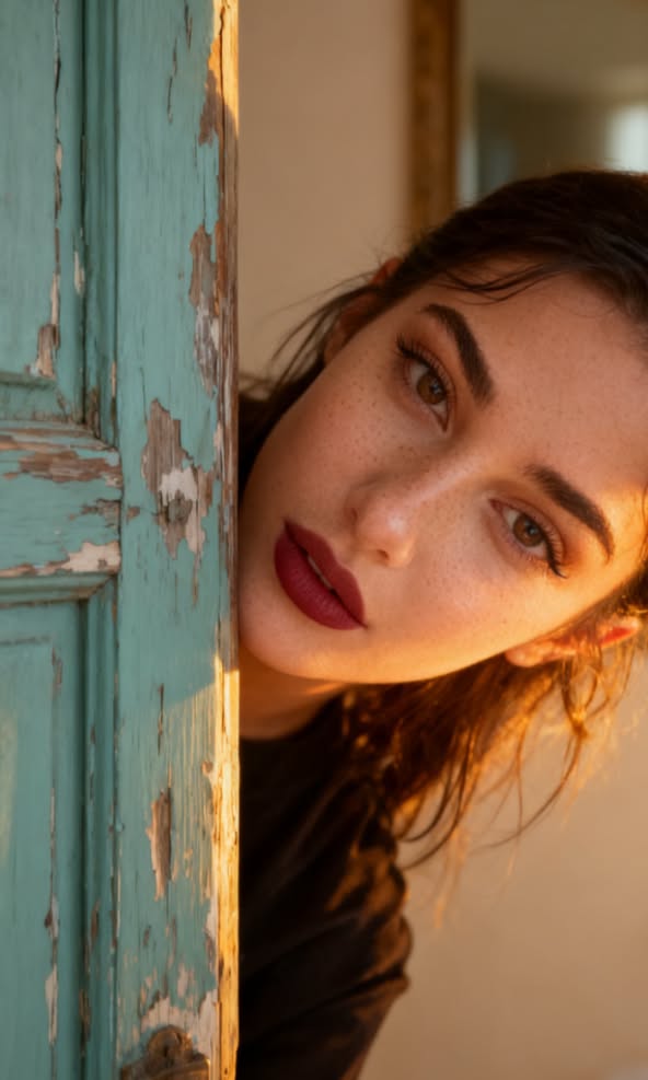 Woman with freckles and dark lipstick peeking from behind a distressed wooden door