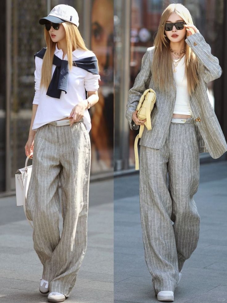 Woman in two different outfits featuring pinstripe wide-leg pants on a street