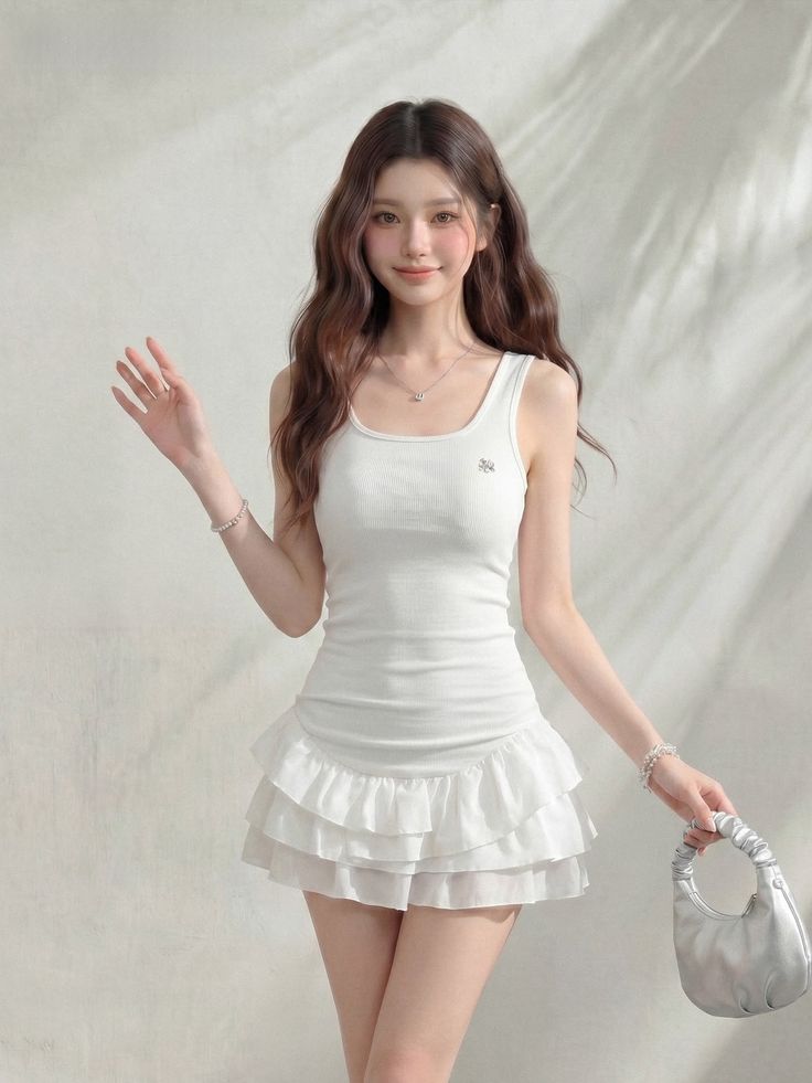 Woman with long hair in a white tank top and ruffle skirt holding a silver handbag