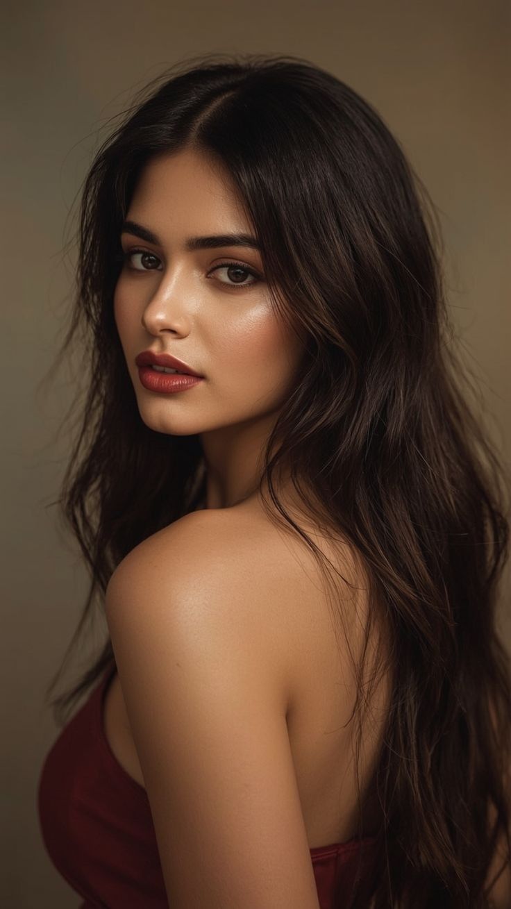 Woman with long dark hair and red lipstick looking over her shoulder