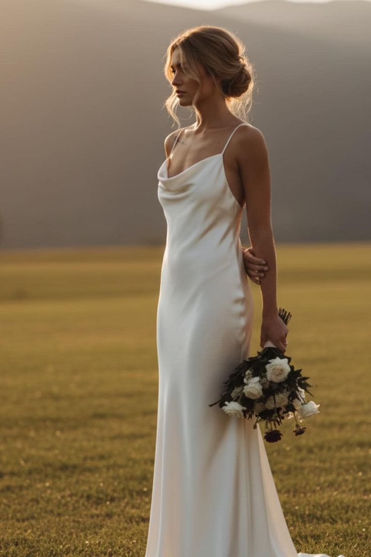 Woman in a white wedding dress holding a bouquet in a field at golden hour