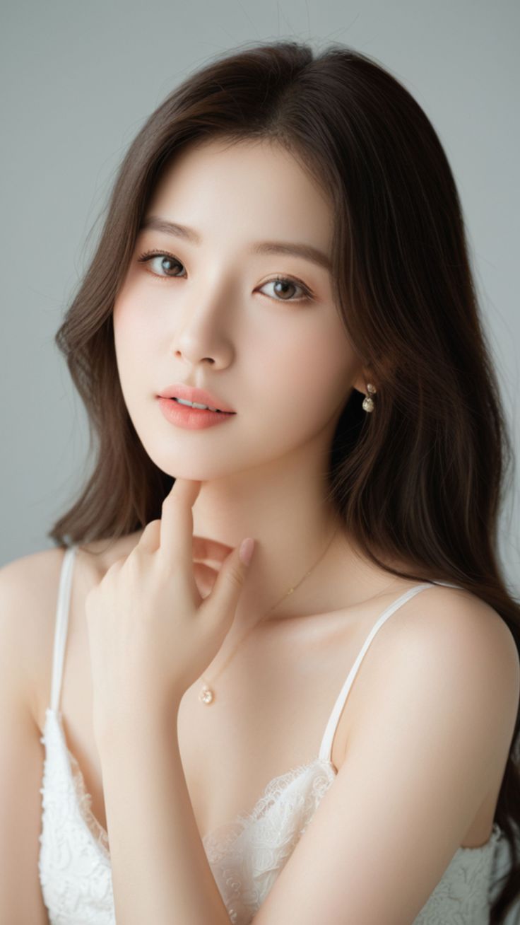 Woman with long brown hair wearing a white top and delicate jewelry
