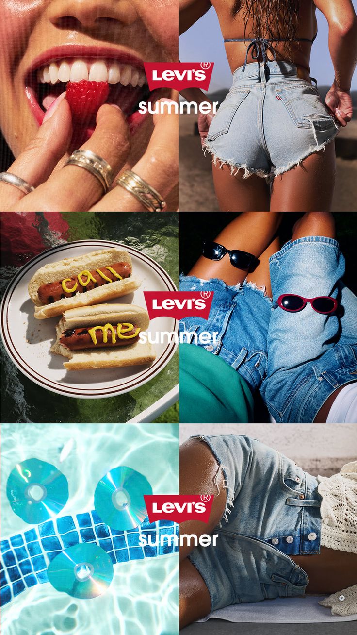 Collage of summer-themed images including people in denim shorts and hot dogs