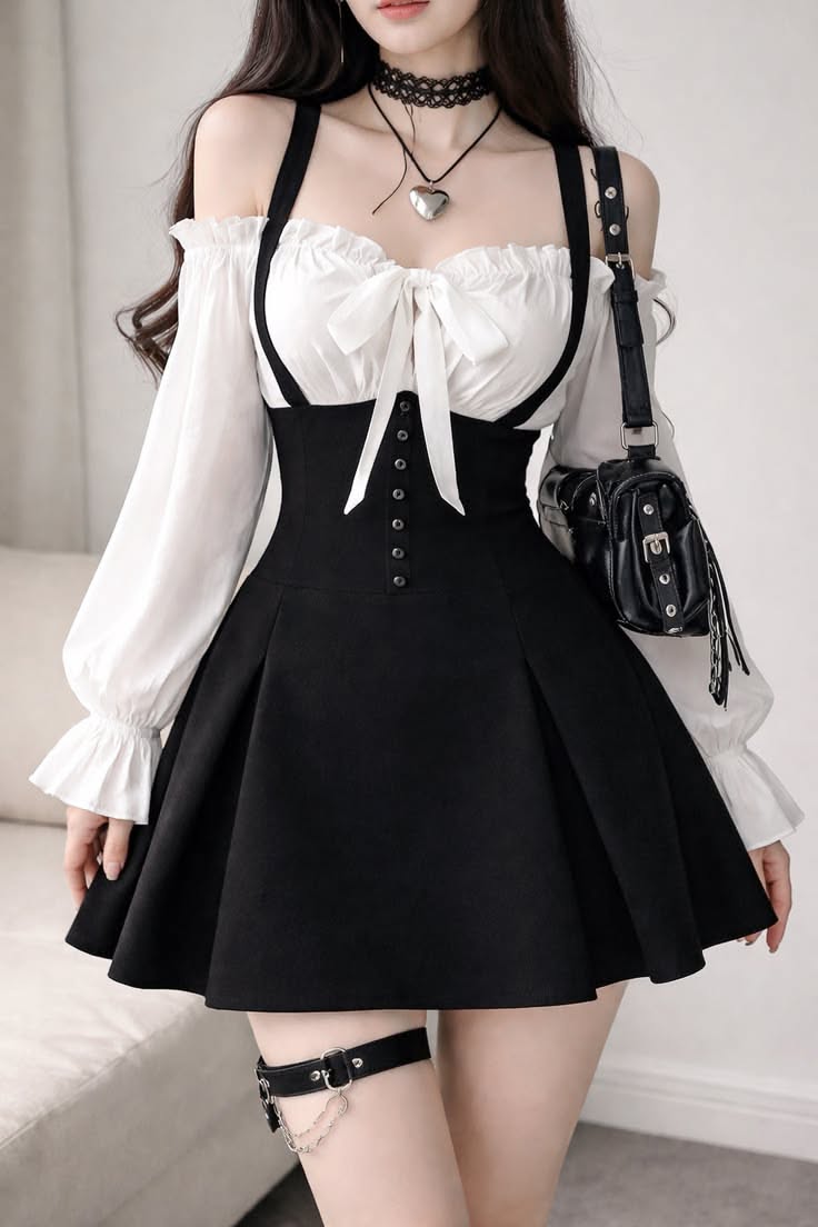 Woman in a black dress with white blouse and garter belt