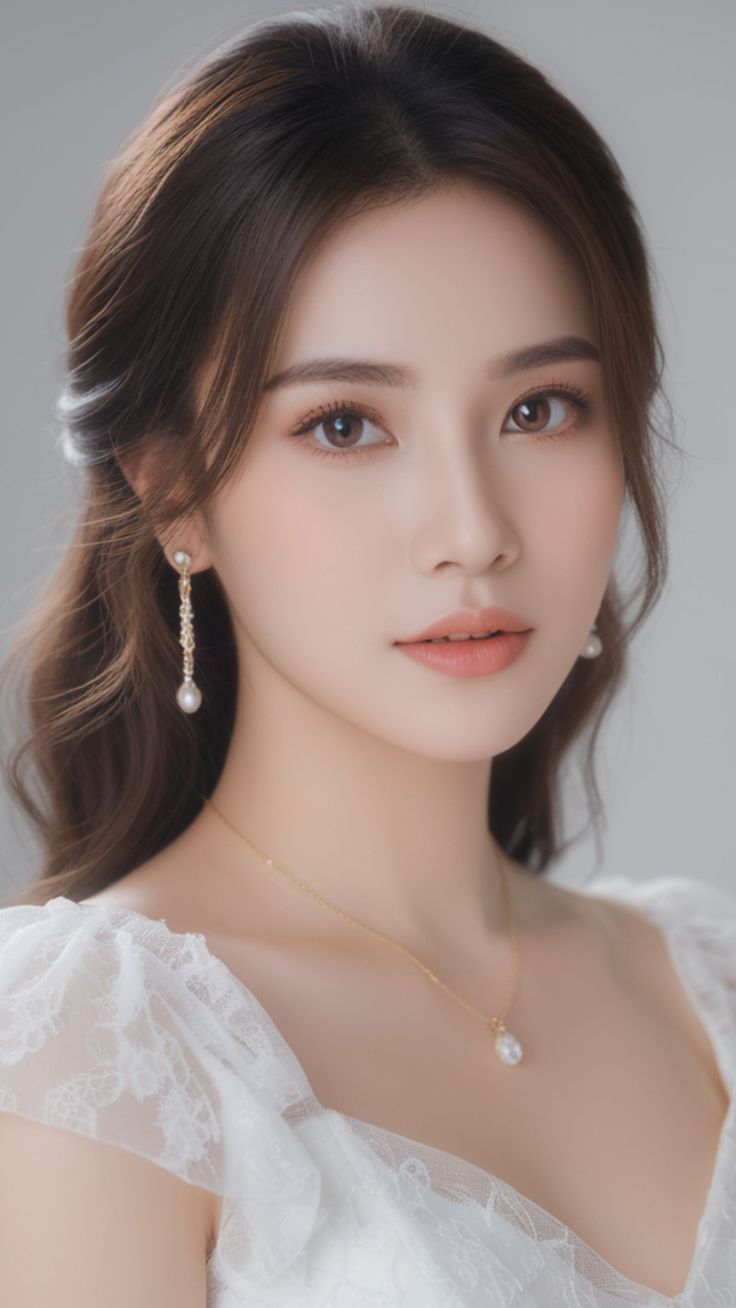 Woman with long brown hair wearing a white lace dress and pearl jewelry
