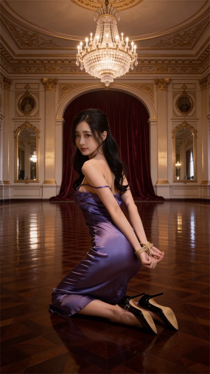 Woman in a purple dress with hands bound by rope, kneeling in an ornate room