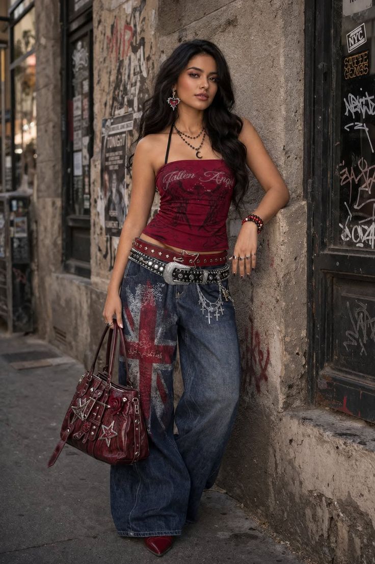 Woman with long dark hair wearing a red tube top and baggy jeans on a street