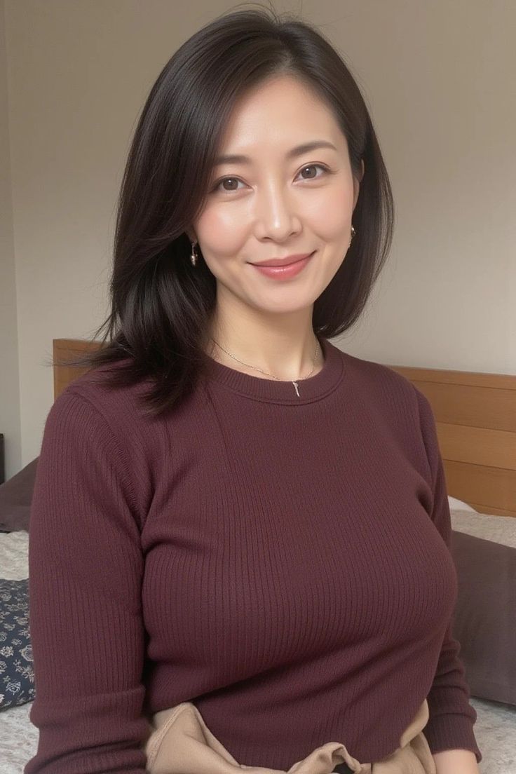 Woman with dark hair wearing a ribbed top and jewelry indoors
