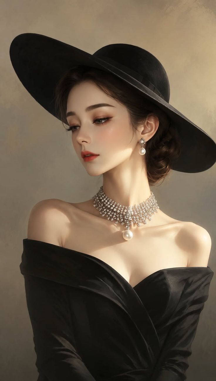 Woman in a black off-shoulder dress with a wide-brimmed hat and jewelry