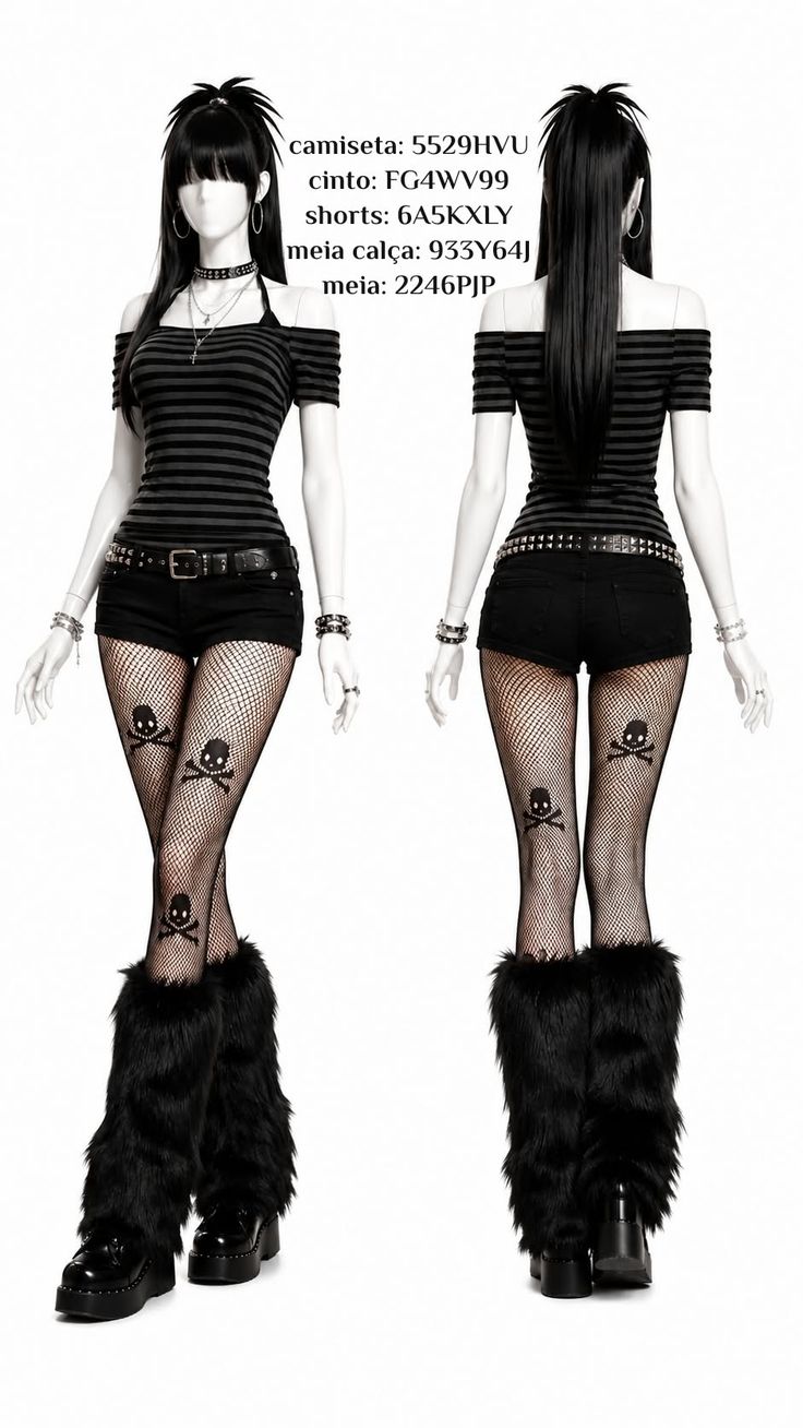 Mannequin displaying a gothic outfit with fishnet stockings and furry leg warmers