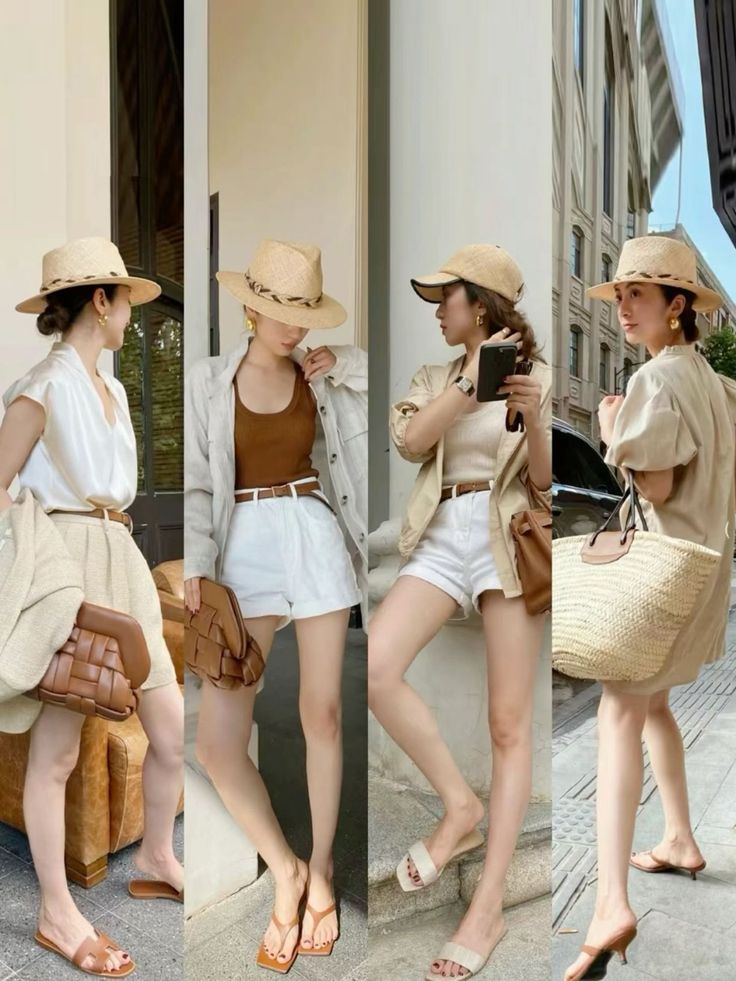 Four women in various summer outfits with straw hats and shorts