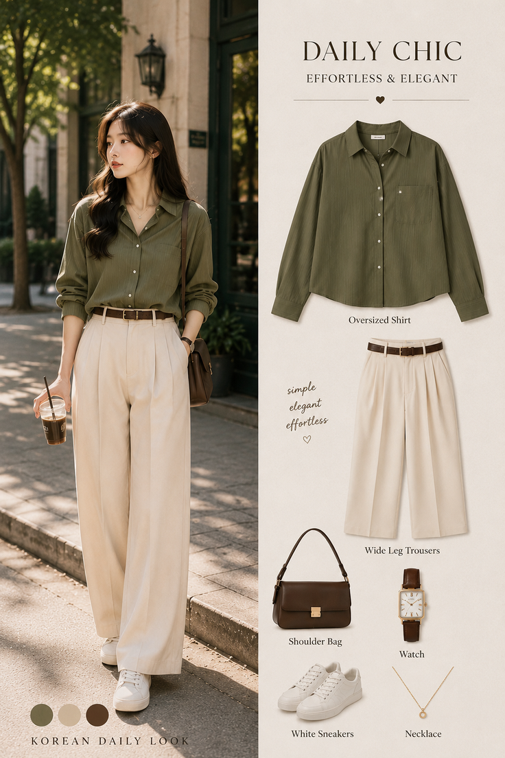 Woman in an olive green shirt and beige wide leg trousers on a sunny street