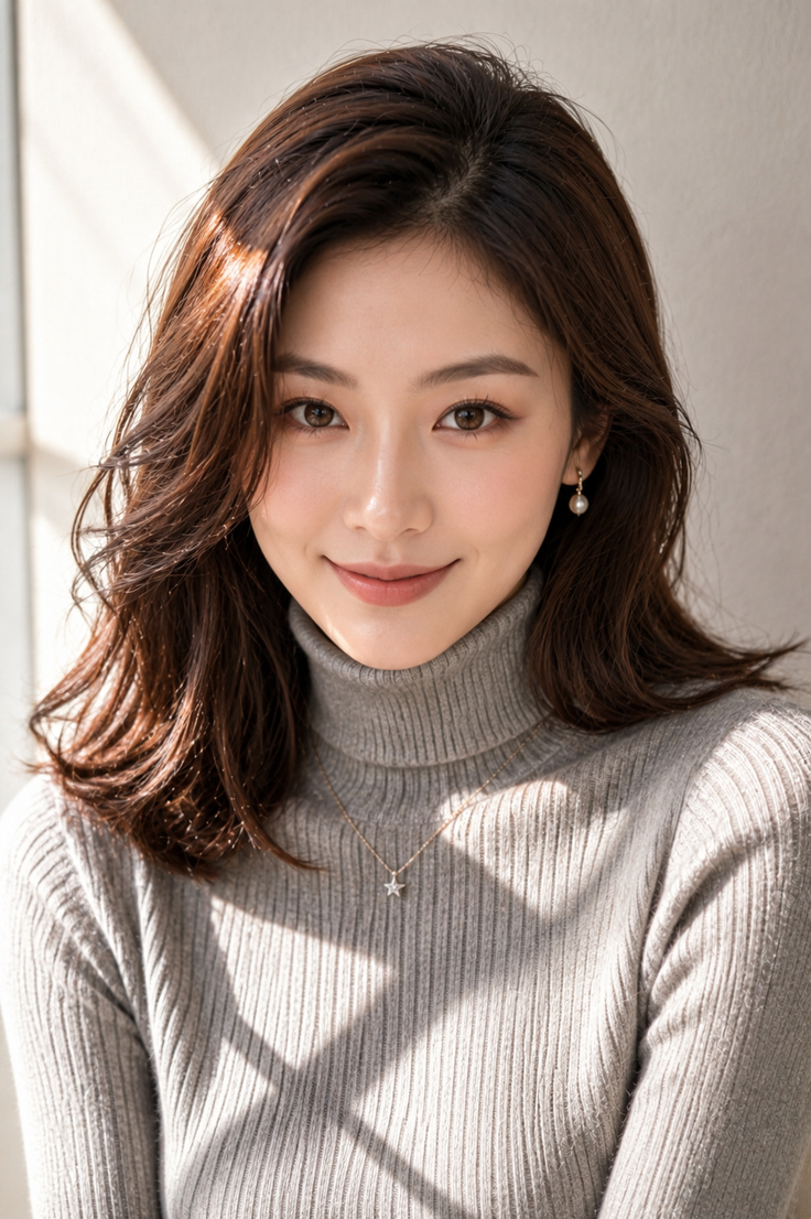 Woman with long brown hair wearing a gray turtleneck sweater and pearl earrings