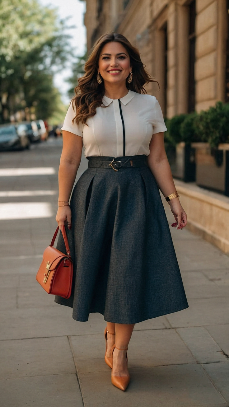 Woman in a white blouse and midi skirt walking on a street