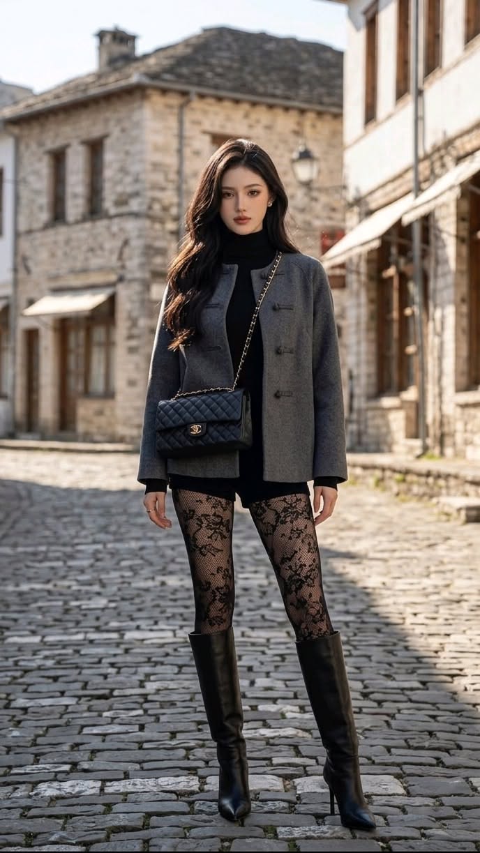 Woman in a grey jacket and lace tights on a cobblestone street