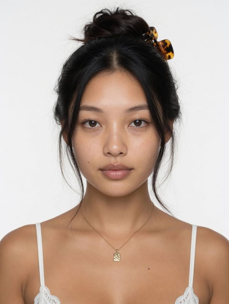 Woman with a hair bun and gold necklace wearing a white lace-trim top
