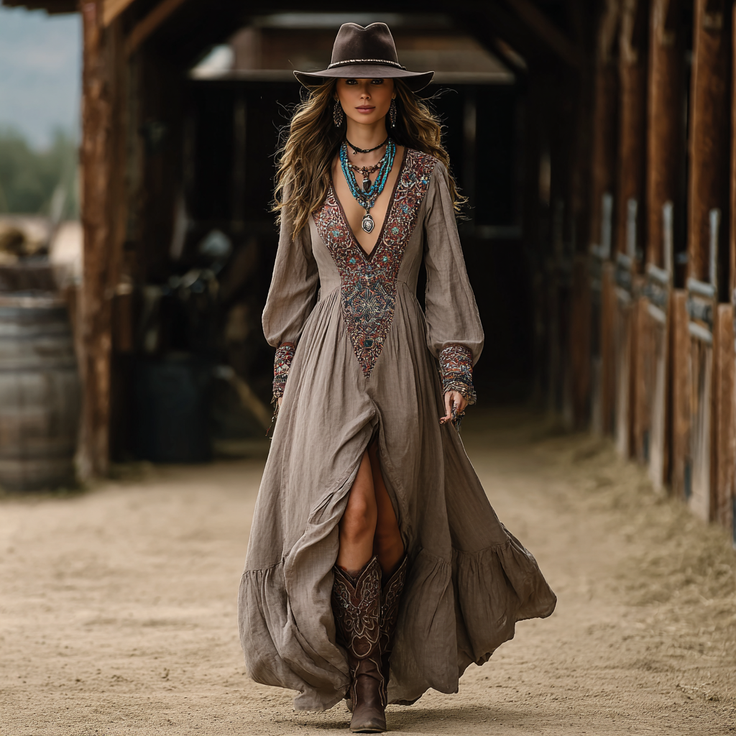 Woman in a cowboy hat and long dress with a deep V-neck and high slit