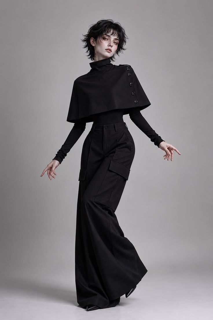 Person with short black hair in a black turtleneck, cape, and wide-leg pants