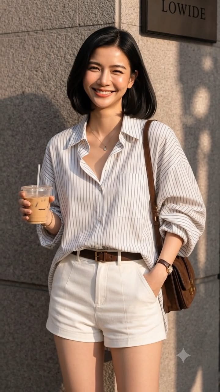 Woman with short black hair in a striped shirt and white shorts holding iced coffee