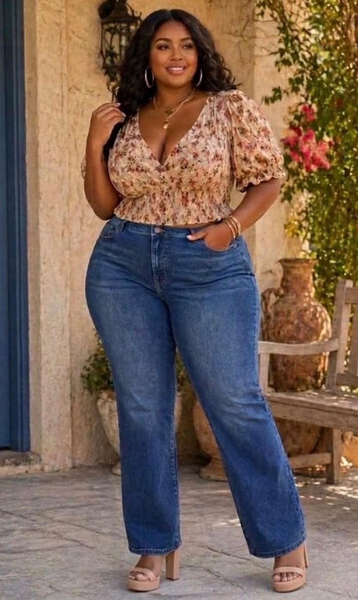 Woman with long dark hair wearing a floral top and blue jeans outdoors