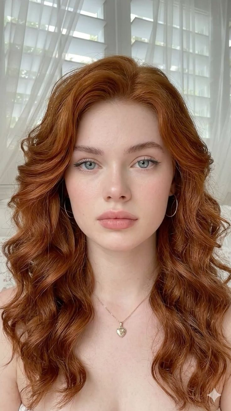 Woman with long red curly hair and blue eyes wearing a heart necklace indoors