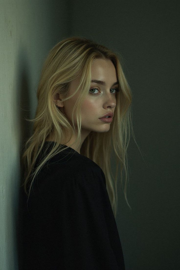 Blonde woman with long hair looking over her shoulder in soft indoor lighting