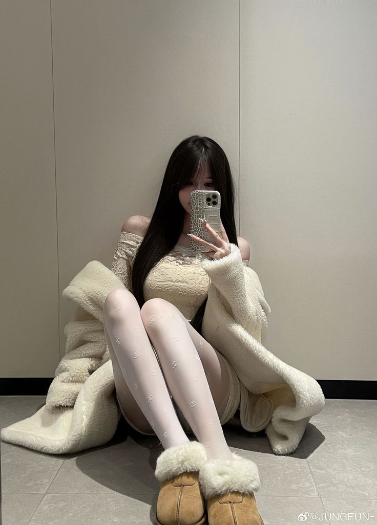 Woman with long hair taking a selfie while sitting on the floor