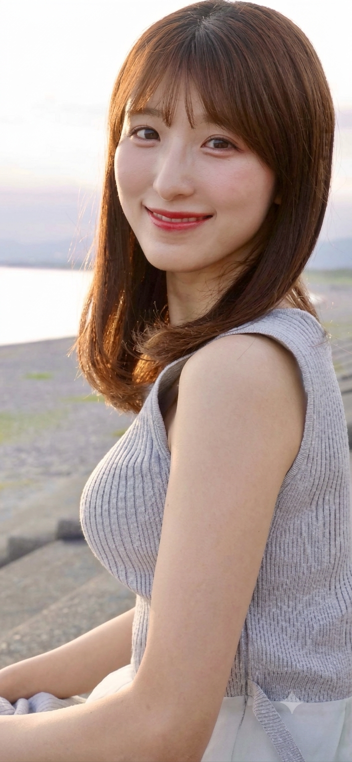Woman with brown hair and a ribbed top smiling outdoors at golden hour