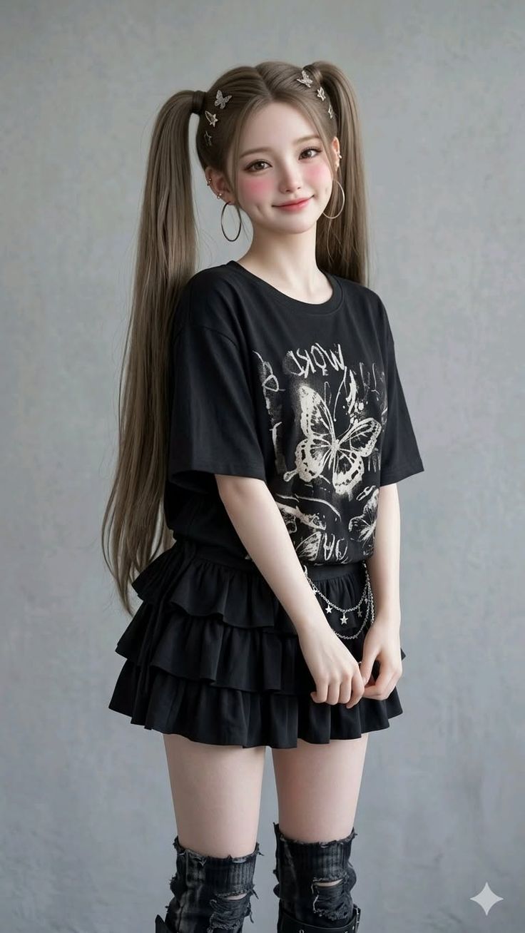 Anime style girl with long twin tails and a black t-shirt and ruffle skirt