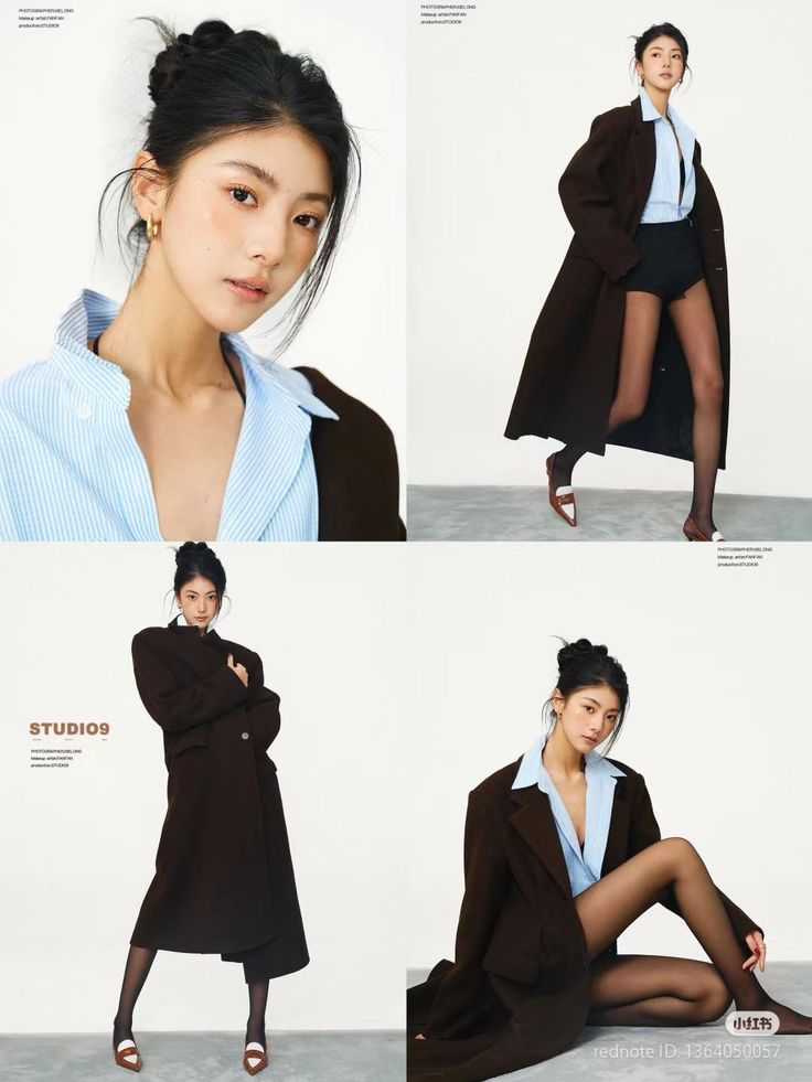 Woman in a brown coat and blue shirt posing in a studio