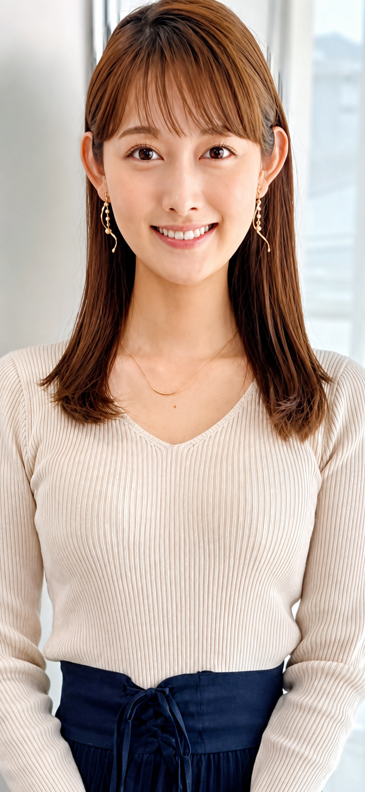 Woman with long hair and gold earrings wearing a ribbed v-neck top and dark skirt