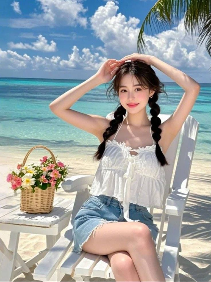 Woman with braided hair sitting on a beach chair with a flower basket