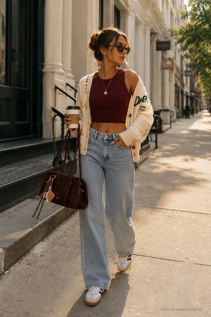 Woman in a crop top and loose jeans walking on a sunlit street