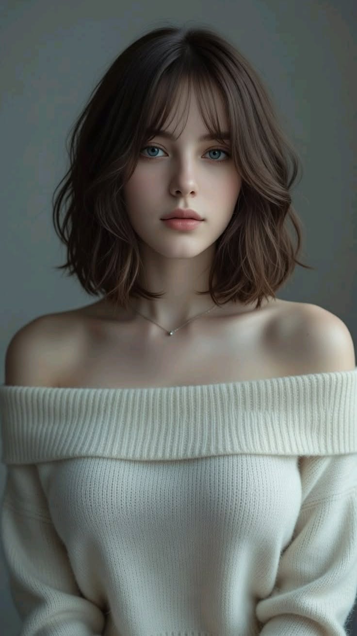 Woman with short brown hair and blue eyes wearing an off-shoulder sweater