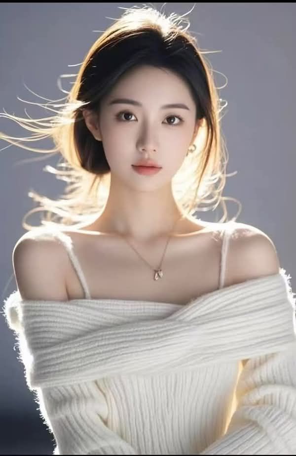 Woman with long hair wearing an off-shoulder white sweater with backlight