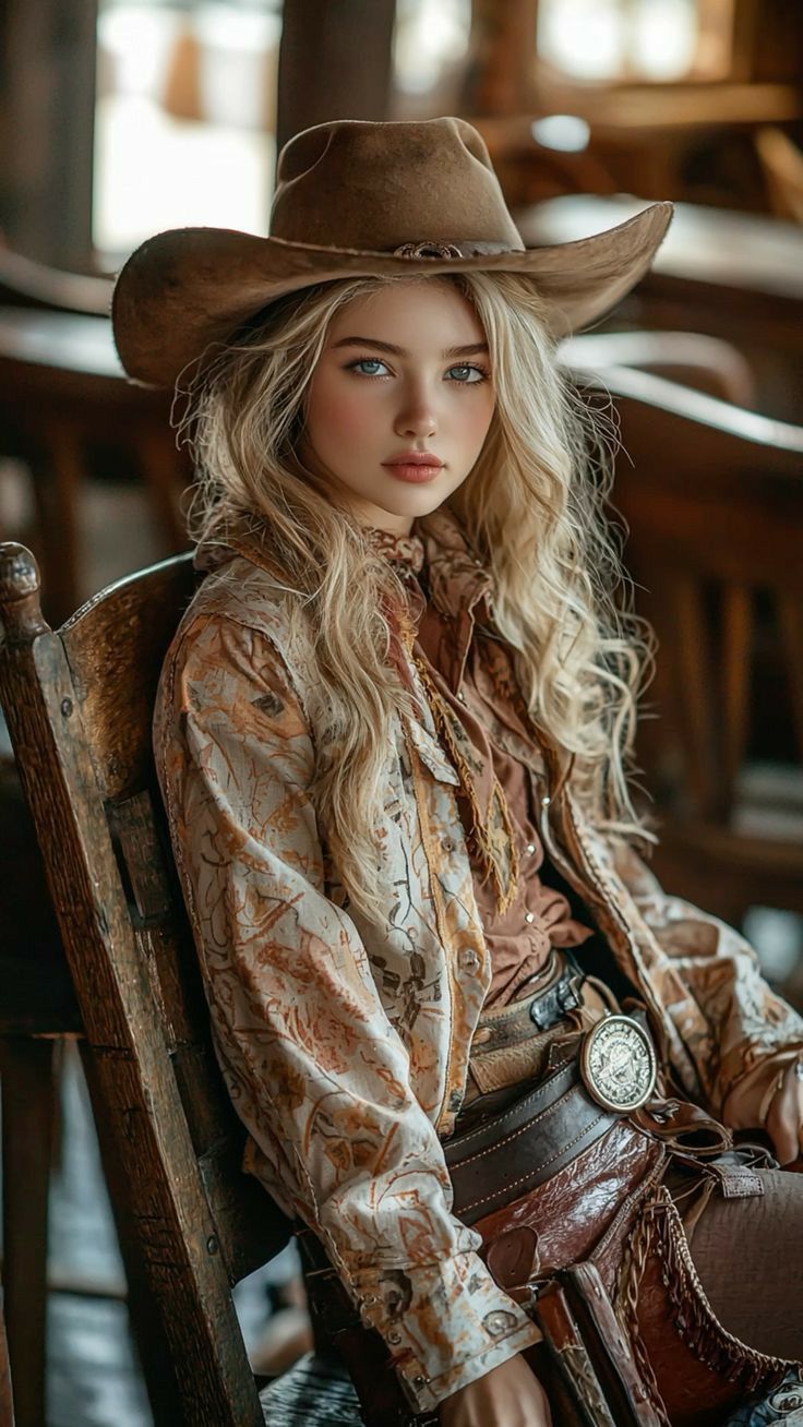 Blonde woman in a cowboy hat and western attire sitting indoors