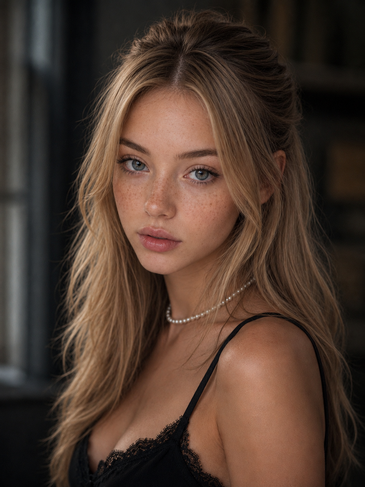 Woman with blonde hair and freckles wearing a pearl necklace and black top