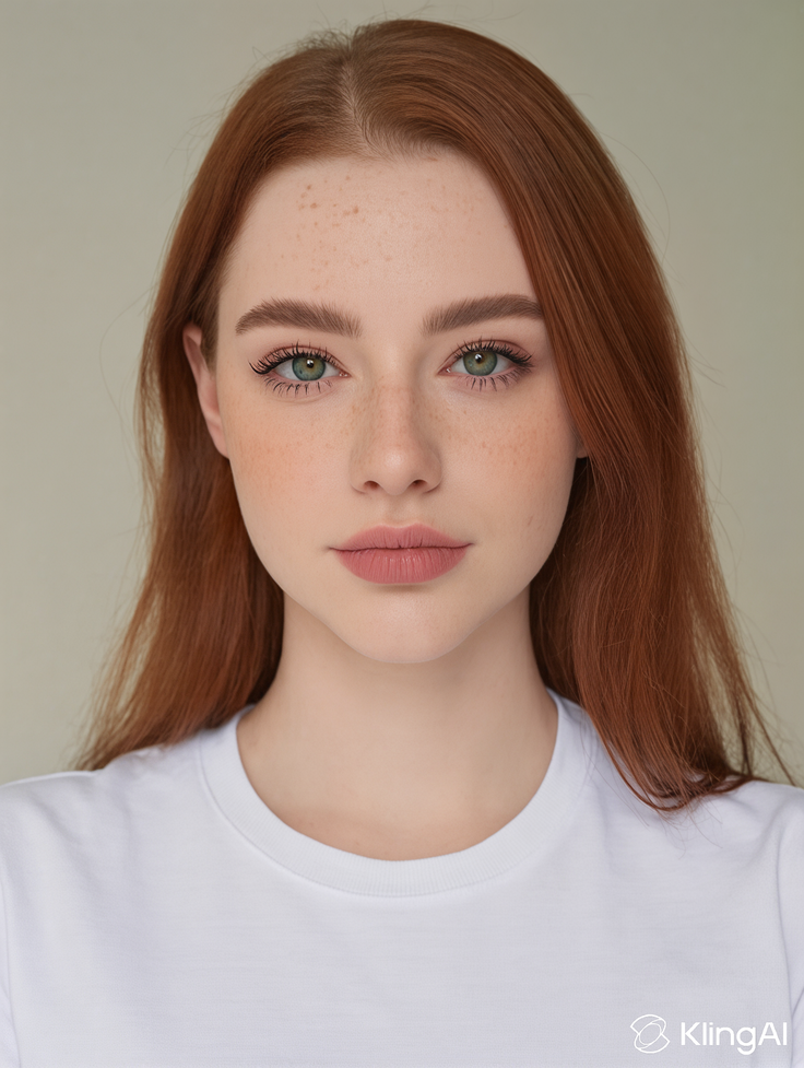 Woman with red hair, freckles, and green eyes wearing a white t-shirt