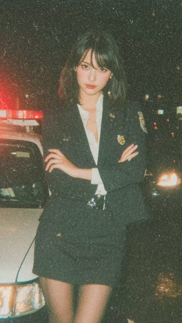 Woman in a police uniform with a police car at night