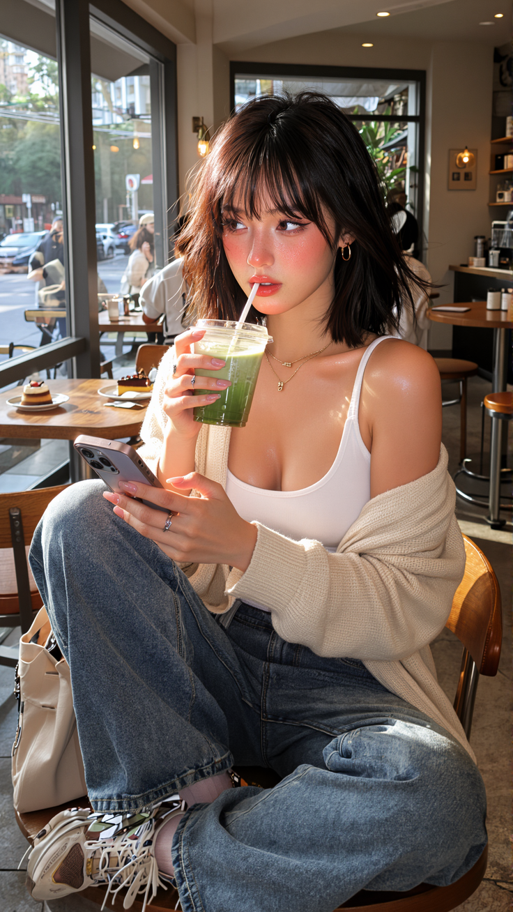 Woman in a cafe drinking a green beverage and looking away