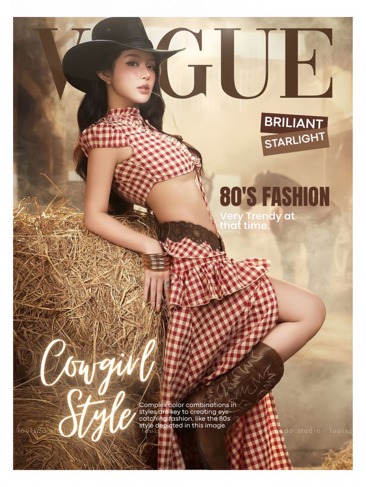 Woman in a cowgirl outfit with a gingham crop top and skirt, leaning on a hay bale