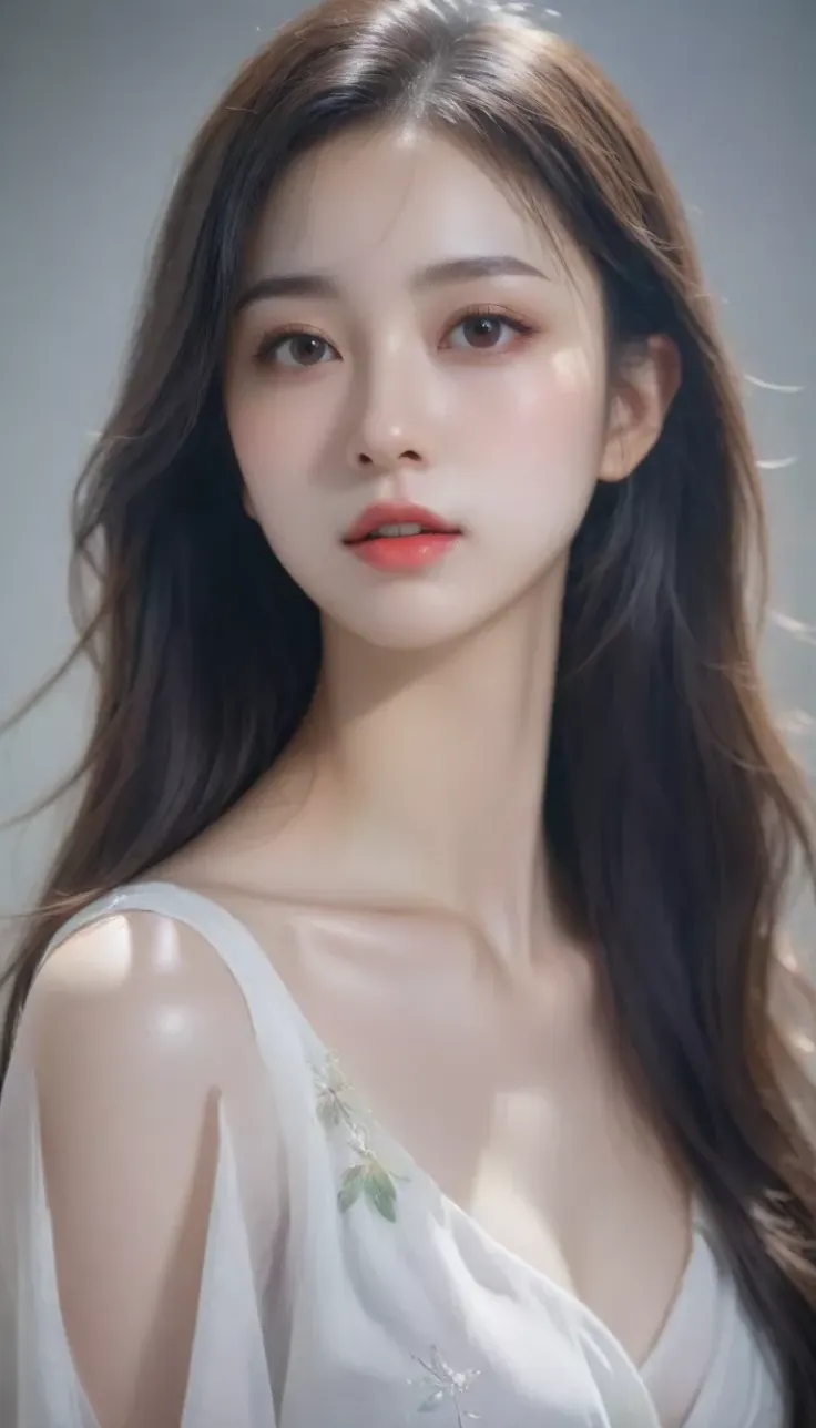 Woman with long brown hair wearing a white dress with floral embroidery