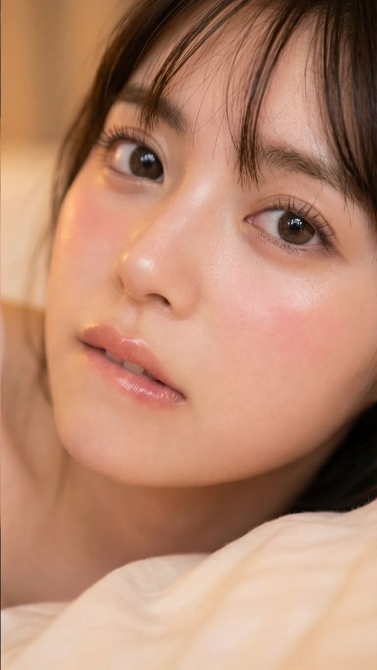 Close up portrait of a woman with brown hair and pink blush