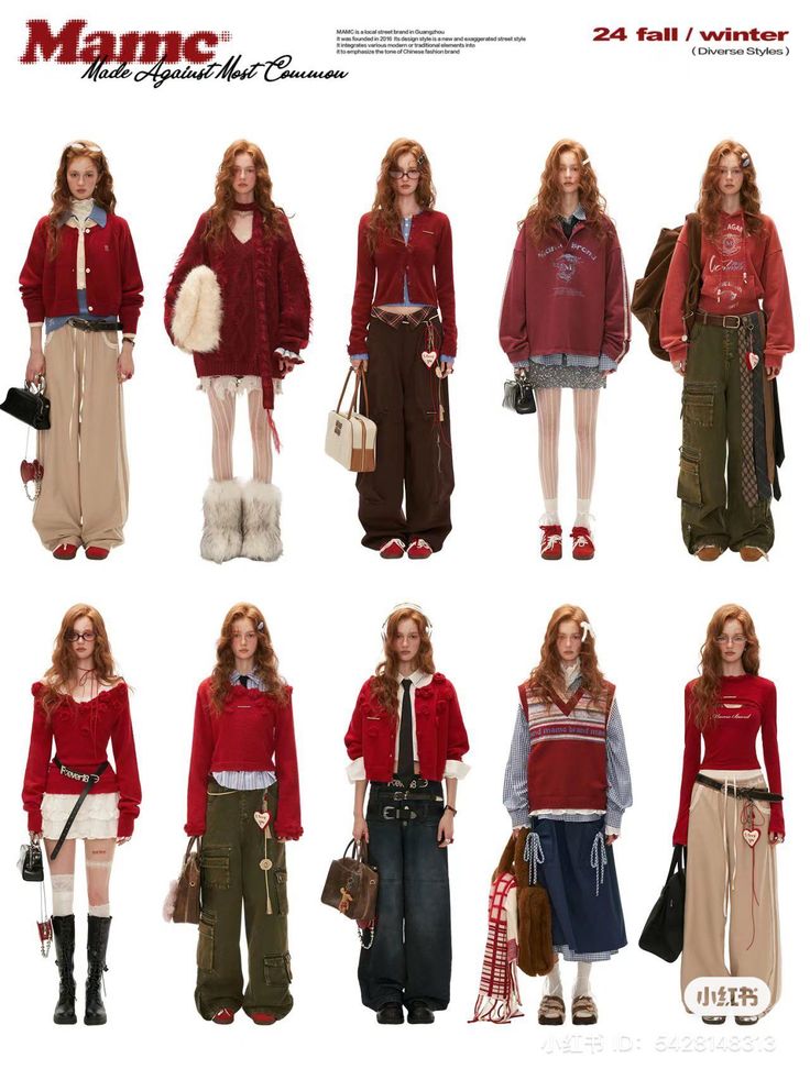 Multiple models with red hair showcasing various red-themed outfits on a white background