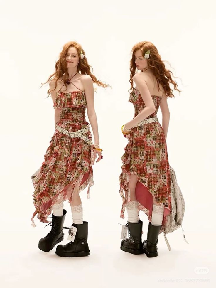 Two views of a woman with long red hair in a floral ruffled dress and combat boots