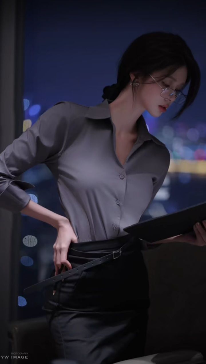 Woman in a grey shirt and black skirt with glasses, looking down at a document
