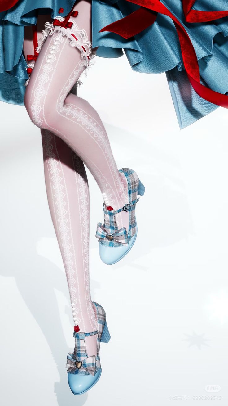 Legs in lace stockings and plaid shoes with a blue dress and red ribbon