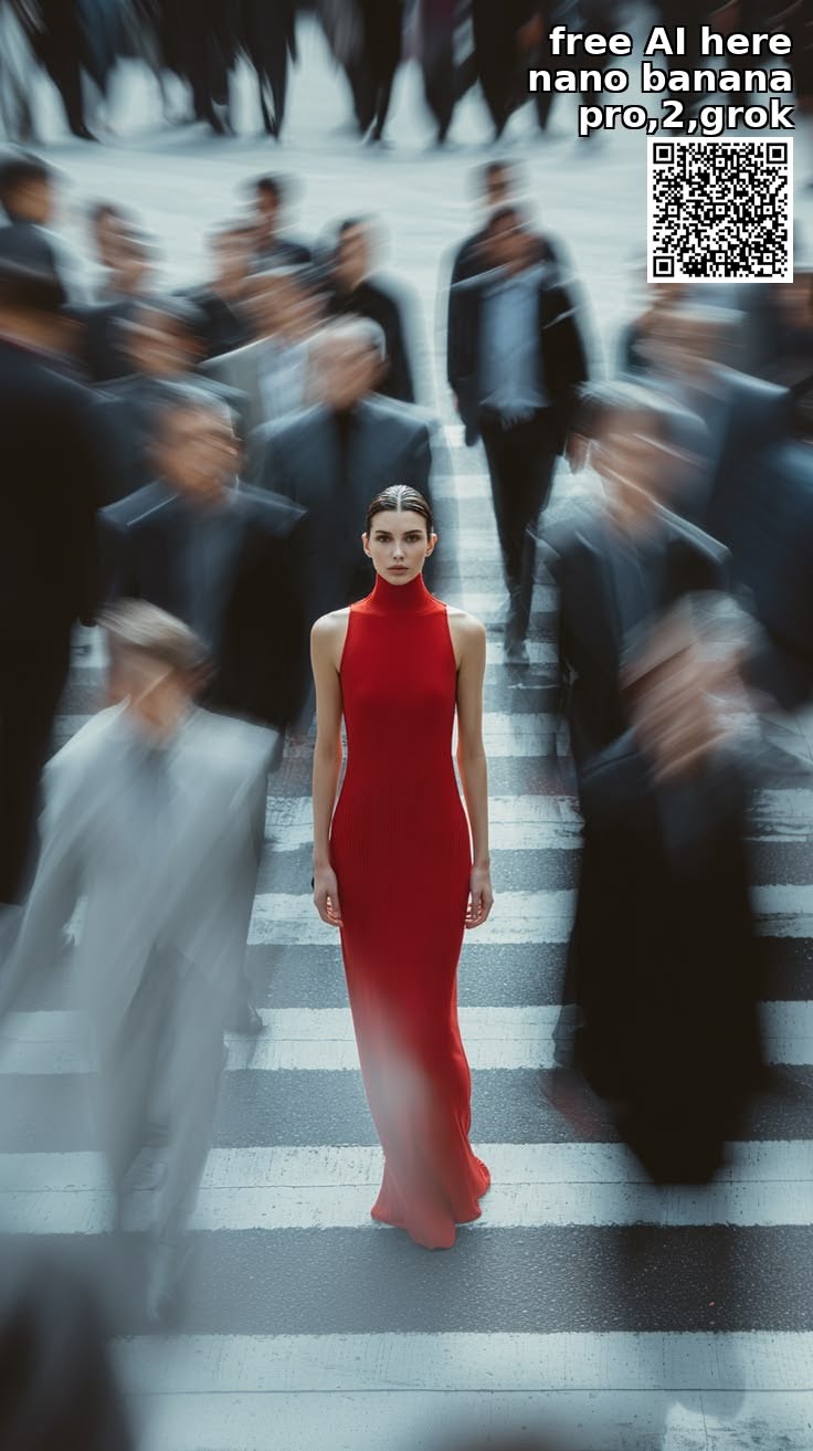 Woman in a red dress standing still on a crosswalk with blurred people around her