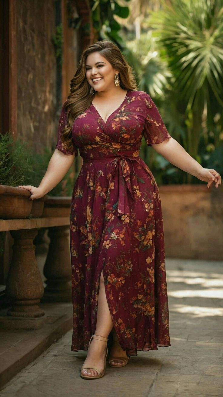 Woman in a floral maxi dress smiling outdoors